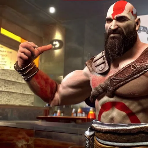 Image similar to kratos from god of war ordering a burger and a soda