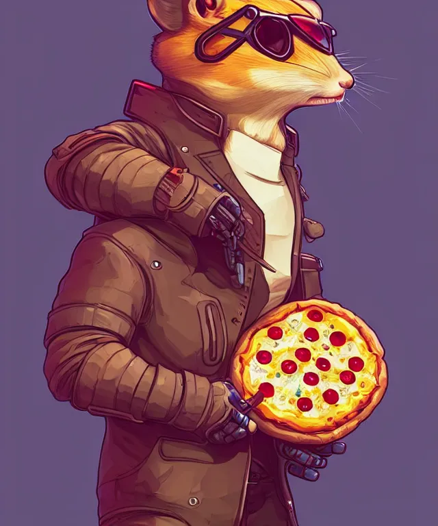 Image similar to a portrait of an anthropomorphic cyberpunk chipmunk holding a pizza, cyberpunk!, fantasy, elegant, digital painting, artstation, concept art, matte, sharp focus, illustration, art by josan gonzalez