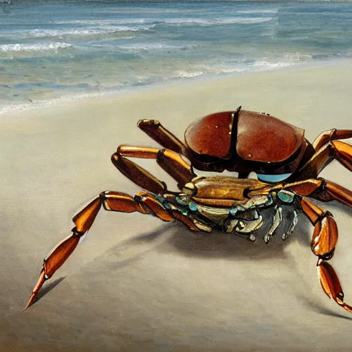 Prompt: A portrait of a mechanical crab on the beach, Henrique Alvim Corrêa, Joan Roig i Soler, ocean, waves, sea shell