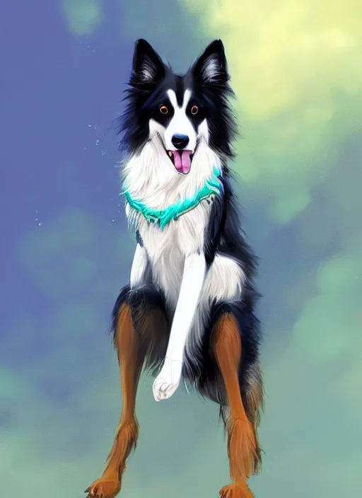 Image similar to full body digital painting of a cute male anthropomorphic border collie fursona wearing a blue dog collar and standing in the rain, furaffinity, intricate, elegant, beautiful, glamor pose, realistic proportions, highly detailed, scenic background, trending on artstation, art by charlie bowater and henry asencio and and ross tran