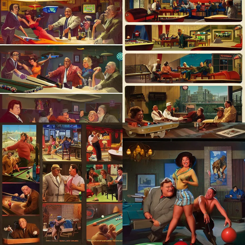 Prompt: Let\'s go play billiards with Redd Foxx and Jackie Gleason, v, middle shot, exciting, fun, realistic character concept, artstation, cinematic lighting, hyperdetailed, cgsociety, 8k, high resolution:: Gil Elvgren, Mort Kunstler, Samson Pollen, Robert Maguire comic:: insanely detailed and intricate