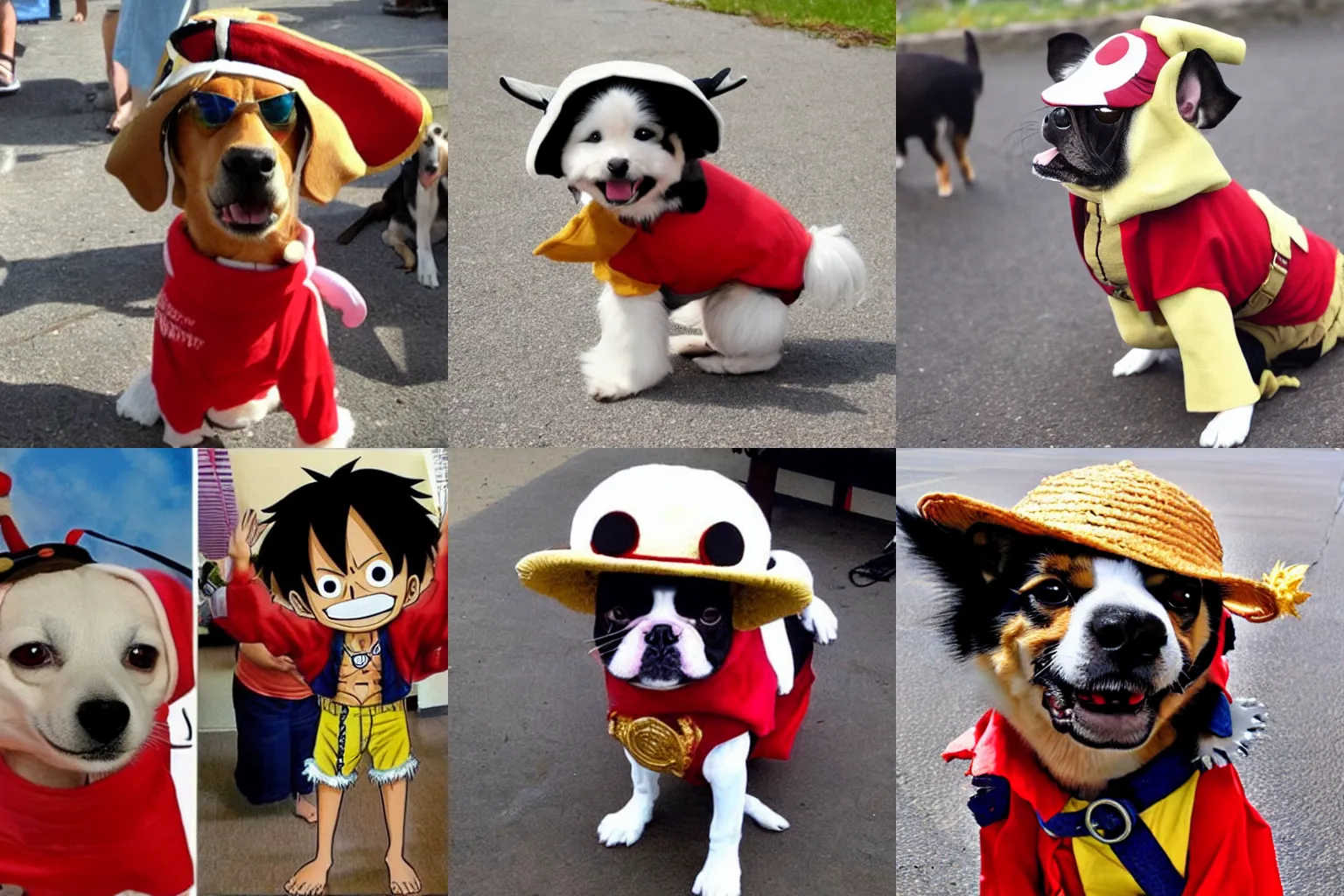 Prompt: dog cosplaying Luffy from one piece