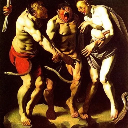 Image similar to Flaming Cerberus standing at the gates of hell. Painted by Caravaggio. High quality.