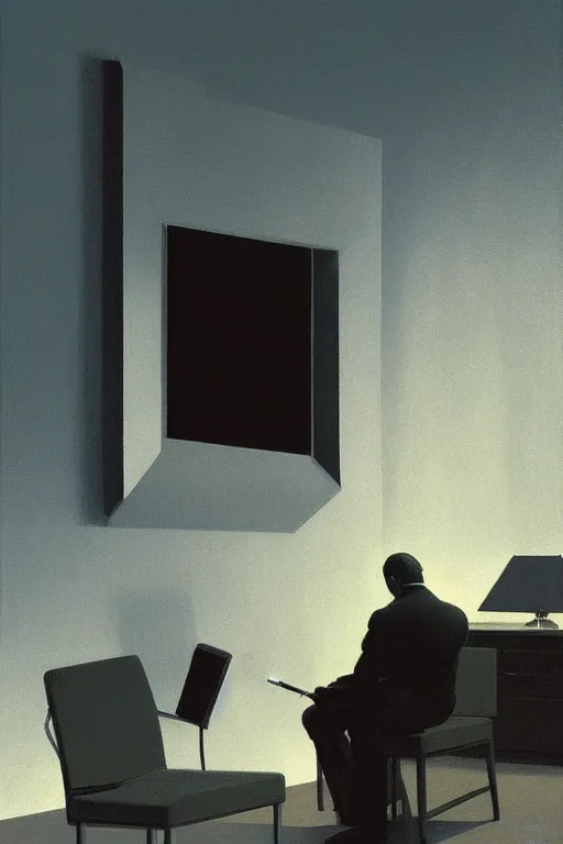 Prompt: Security guard sitting in a chair and watching monitor screens while smoking a cigarette, highly detailed, soft lighting, elegant, Wayne Barlowe, Edward Hopper and James Gilleard, Zdzislaw Beksinski, Steven Outram, highly detailed