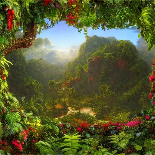 Image similar to vivid jungle scene, floral, leaves, vines, flowers, intricate details, volumetric lighting, hd render, vivid colors, panorama, Artwork by Frederic Edwin church + Franklin Booth