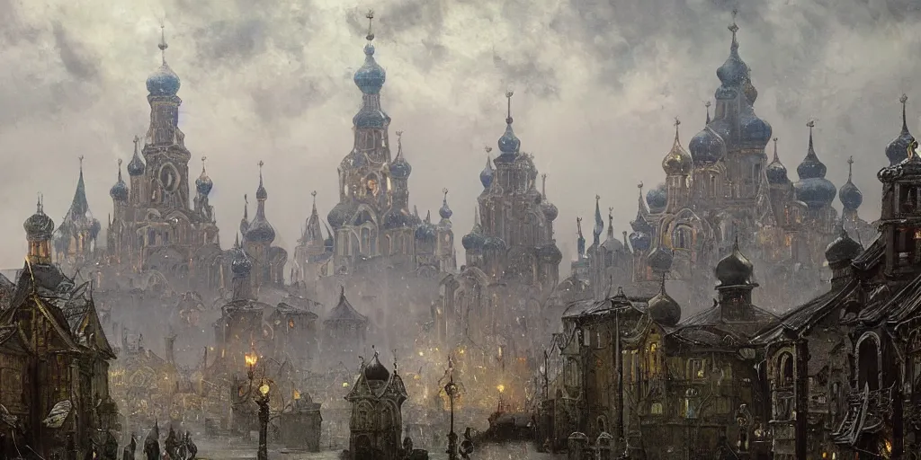 Prompt: magical ancient Slavic city of Kitezh in mist, magic lights, magic mist, strange buildings, oil painting, painting by Viktor Vasnetsov, concept art, fantasy cityscape, ancient Russian architecture, painting by Ivan Shishkin, hyperborea, high resolution, trending on artstation,