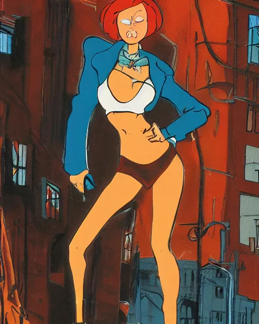 Image similar to young female protagonist in leather jacket, city street, artwork by ralph bakshi