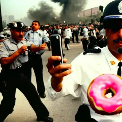 Prompt: selfie of a cop eating a donut with a riot taking place behind him, los angeles 1 9 9 2,