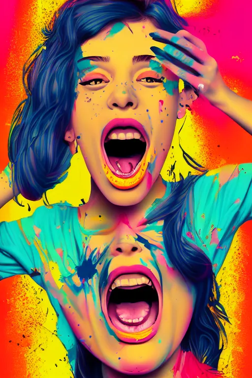 Prompt: girl screamin yolo - aesthetic, smooth painting, remove, every seed with ultra details, 4 k, illustration, comical, acrylic paint style, pencil style, torn cosmo magazine style, pop art style, ultrarealism, by mike swiderek, jorge lacera, ben lo, tyler west