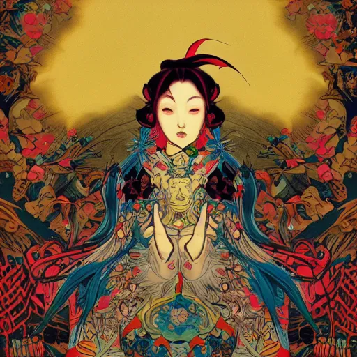 Prompt: james jean style, utagawa kunisada style, vfx art, unreal engine render, claymation style, colourful, volumetric light, digital painting, digital illustration, dramatic light,