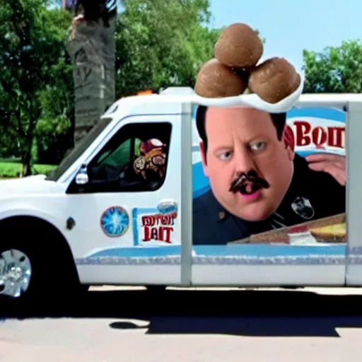 Image similar to paul blart getting hit by an ice cream truck, still from paul blart mall cop