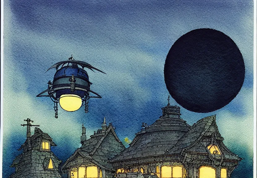 Prompt: a simple studio ghibli watercolor fantasy concept art of a dark grey boxy ufo at night. by studio ghibli, rebecca guay, michael kaluta, charles vess