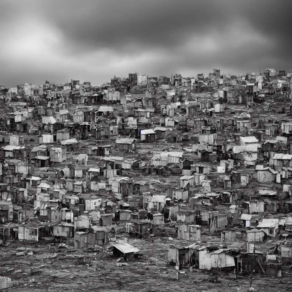 Image similar to towers made up of colourful makeshift squatter shacks, bleached colours, moody cloudy sky, dystopia, mamiya, very detailed, photographed by ansel adams