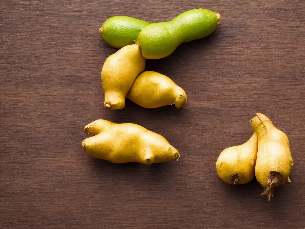 Image similar to still life, hyper detailed image of a ginger root leaning against a perfect lime, on a wooden table, studio lighting, sigma 55mm f/8