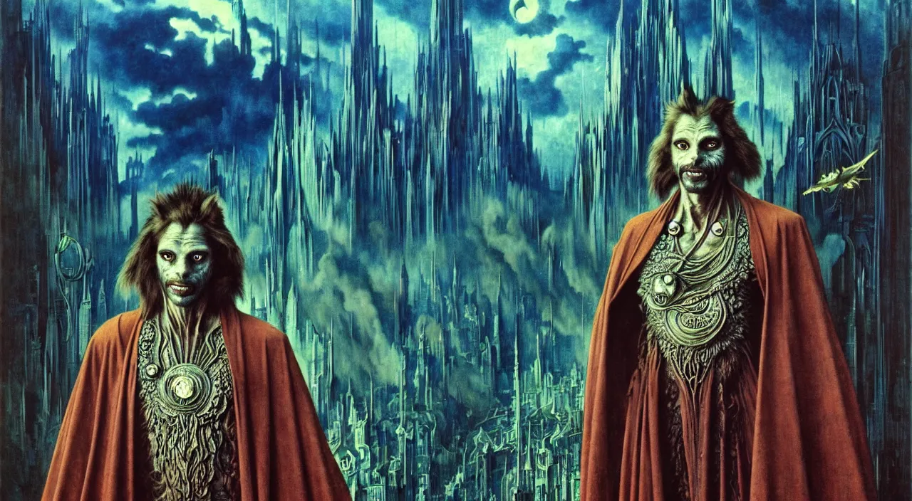 Image similar to realistic detailed portrait movie shot of a wolfman wearing dark robes, sci fi city landscape background by denis villeneuve, amano, yves tanguy, alphonse mucha, ernst haeckel, max ernst, roger dean, masterpiece, rich moody colours, blue eyes, occult