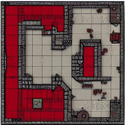 Prompt: dnd battle map of a hell vault, top - down view, red and black theming