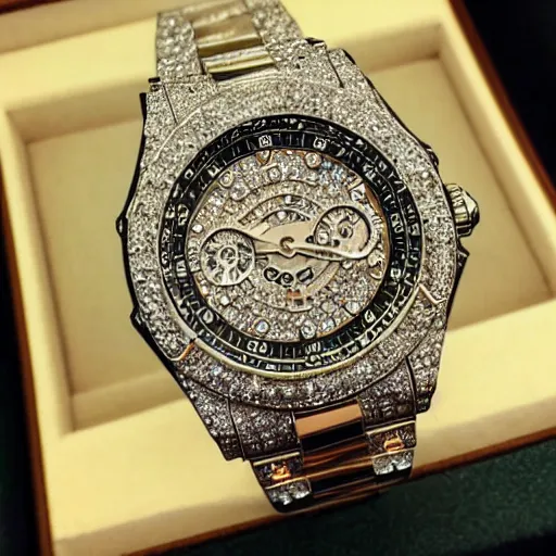 Image similar to vvs diamond watch, intricate design, rolex, cogs and gears, steampunk watch, bejeweled beautiful watch, richard mille, breitling watch