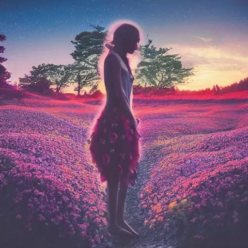 Image similar to A picture of a planet of various flowers, fungus and plants, in which the human figure is dressed in something magical and impressive, inside the picture is infinity, sunset light, Atmospheric phenomenon, artistic photography, muted colors, conceptual