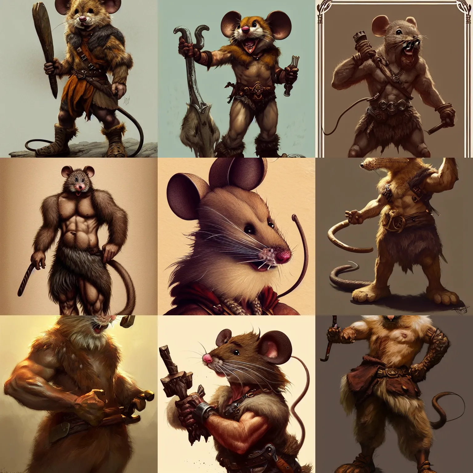 Prompt: medium shot, anthropomorphic rugged mouse!!! with furry!! barbarian muscular upper body, 👅 👅 , D&D, fantasy, intricate, elegant, highly detailed, digital painting, artstation, concept art, smooth, sharp focus, illustration, art by artgerm and greg rutkowski and alphonse mucha