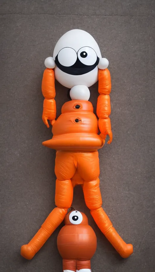 Prompt: still slander figurine of a tall giant inflated space man action figure wearing over sized orange puffy bomber jacket, long bendy arms and legs, googly eyes, tareme eyes, small head, personification, dynamic pose, detailed product photo, tone mapped, beautiful composition, 8 5 mm, f 5. 8, soft lighting