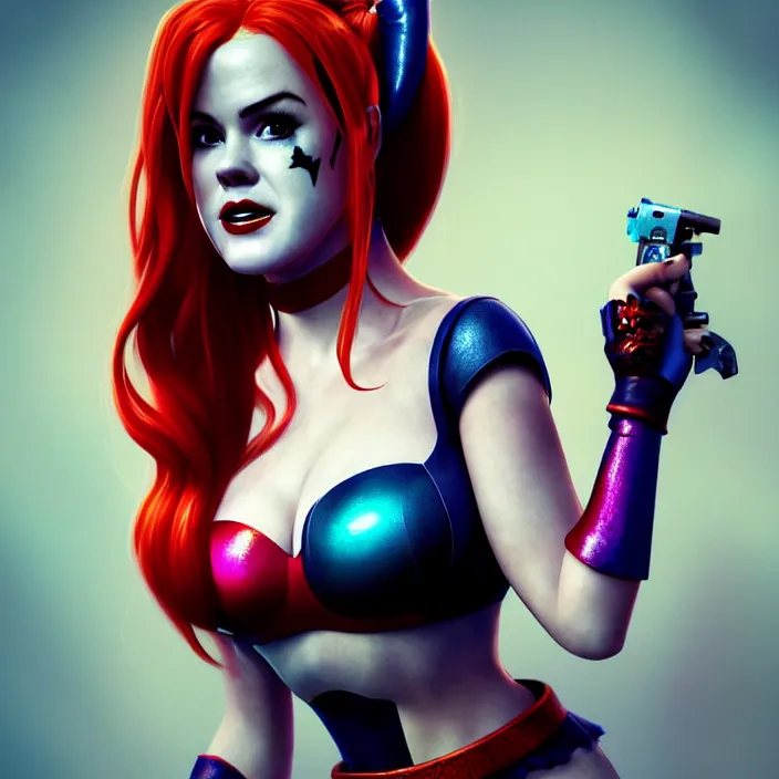 Image similar to portrait of Isla Fisher as harley quinn. intricate abstract. intricate artwork. by Tooth Wu, wlop, beeple, dan mumford. octane render, trending on artstation, greg rutkowski very coherent symmetrical artwork. cinematic, hyper realism, high detail, octane render, 8k, iridescent accents