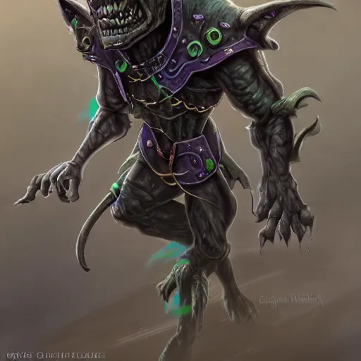 Image similar to a highly detailed goblin with grey skin and blue eyes that glow, like magic the gathering, goblin chainwalker, with wind wiping around it, digital art, by christopher rush