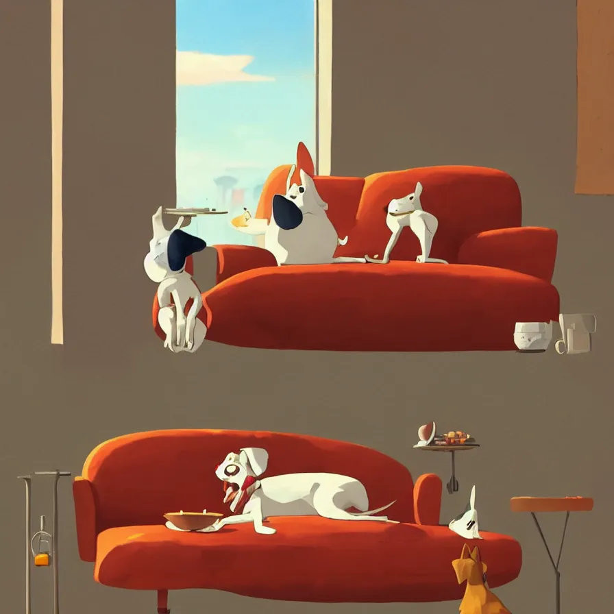 Image similar to Goro Fujita illustrating A dog on a sofa staring at the food dish under the window in the living room