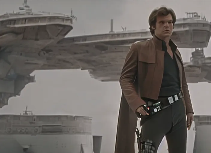 Image similar to screenshot of Han Solo dressed up as an imperial officer, iconic scene from 1970s spy thriller film directed by Stanley Kubrick, in a sci-fi shipping port, last jedi, 4k HD, cinematic lighting, beautiful portraits, moody, stunning cinematography, anamorphic lenses, kodak color film stock