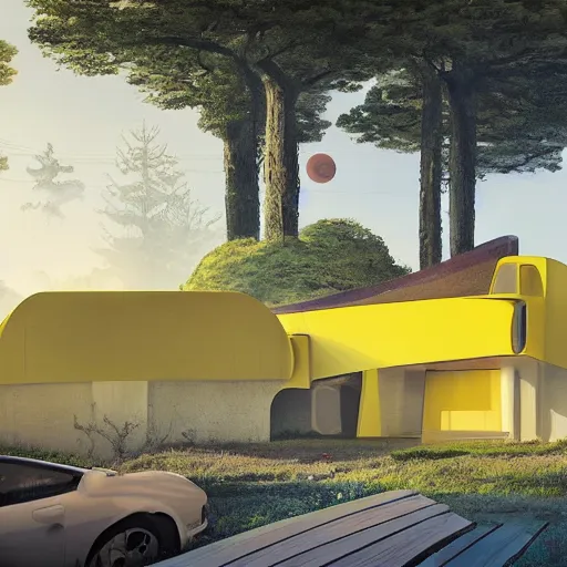 Image similar to futuristic flat roof yellow house with courtyard, on a hill surrounded by big trees, multiple moons, dramatic lighting, artstation, matte painting, raphael lacoste, simon stalenhag, frank lloyd wright, zaha hadid