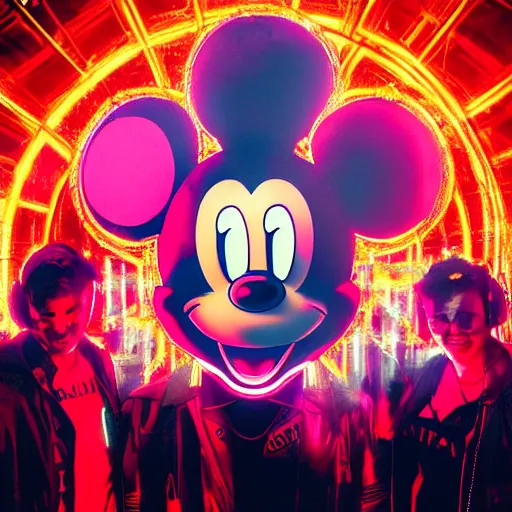 Image similar to a group of people standing around a giant bloody wounded head of mickey mouse, neon netflix logo, cyberpunk art by david lachapelle, cgsociety, sots art, dystopian art, reimagined by industrial light and magic, dark obscure neon concept art