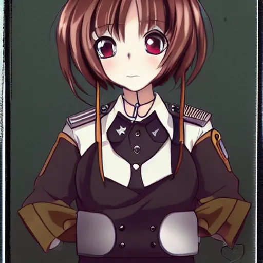 Prompt: anime girl steampunk officer, full body portrait, polaroid photograph, cinematic lighting, brown uniform, anime, studio ghibli, finely detailed,