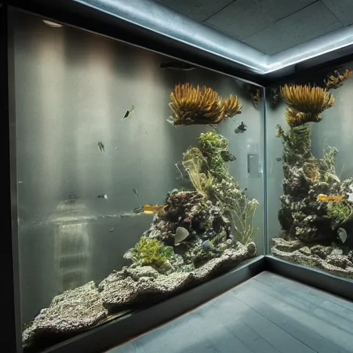 Image similar to aquarium, interior in the brutalist style