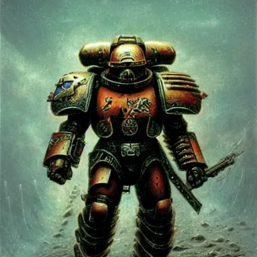 Prompt: space marine in dark plated armor concept, wearing ancient war helm, beksinski