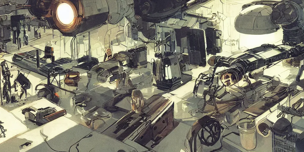 Image similar to concept art, intimate, retro, atomic age, droid repair workshop, 7 0 s aesthetics and palette, soft lighting, syd mead, akihiko yoshida, cinematic