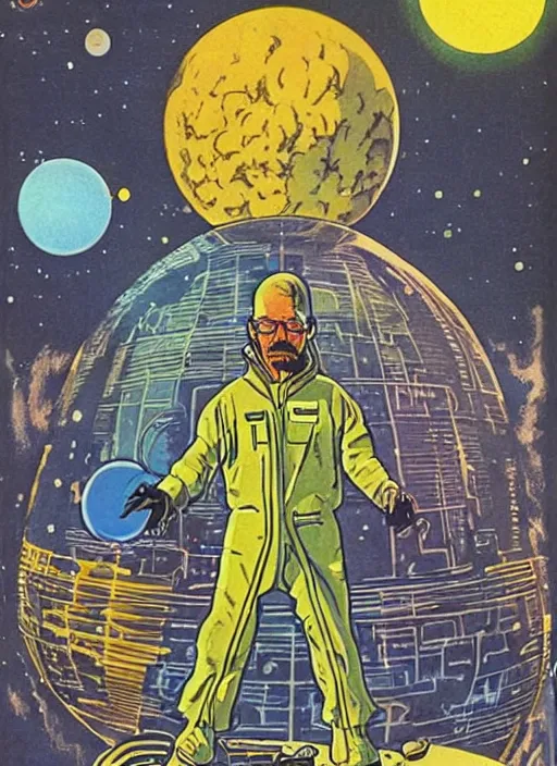 Image similar to Walter White as space wizard in retro science fiction cover by Stanisław Lem, vintage 1970 print