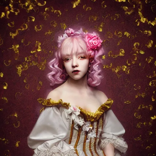 Image similar to 8 k, octane render, realism, tonalism, renaissance, rococo, baroque, portrait of a young lady wearing long harajuku manga dress with flowers and skulls, cotton candy!! ( background chaotic gold leaf flowers )