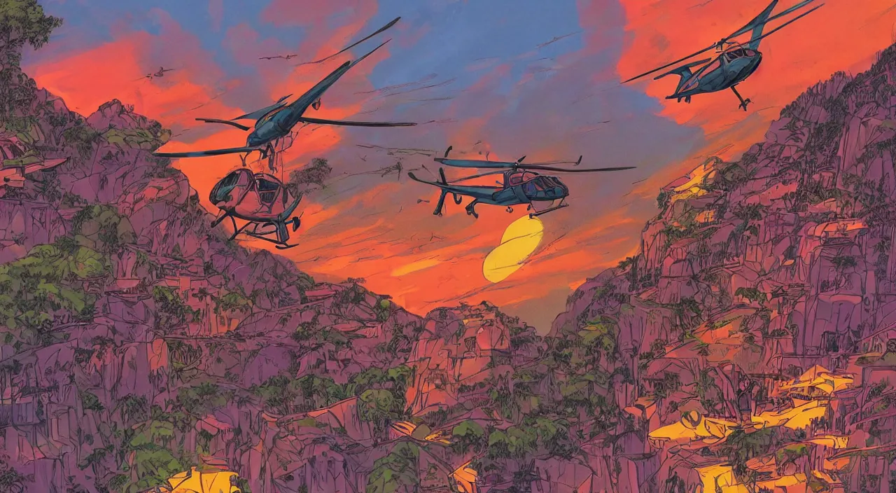 Prompt: helicopters flying low over jungle mountains sunset sky rice patties beautiful artstation 4 k breathtaking graphic novel concept art illustration cartoon by jack kirby