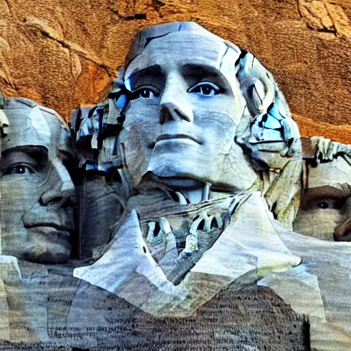 Prompt: a photo of mount rushmore after donald trump's face had been added. the photo clearly depicts the facial features of donald trump and his particular hair style carved into the stone at the mountain top, regal, pensive, powerful, just