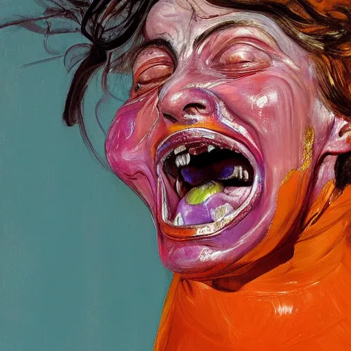 Image similar to high quality high detail painting of a female screaming by lucian freud and jenny saville and francis bacon, hd, anxiety, turquoise and orange and purple and pink and red