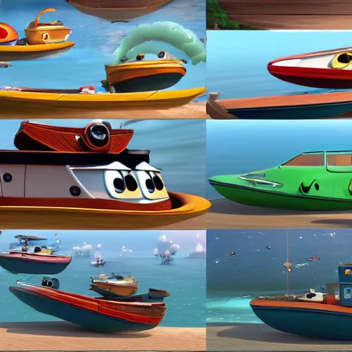 Prompt: Boats in the style of Disney Pixar's Cars (2006), official screenshot