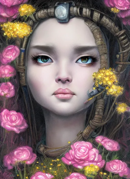 Image similar to profile medieval nicoletta ceccoli, mark ryden, lostfish, hyung tae, frank frazetta, face portrait of cyborg girl surrounded by flowers and cables portrait, hyper realistic, artstation, illustration, digital paint, matte paint, vivid colors, bright, cheerful, detailed and intricate environment