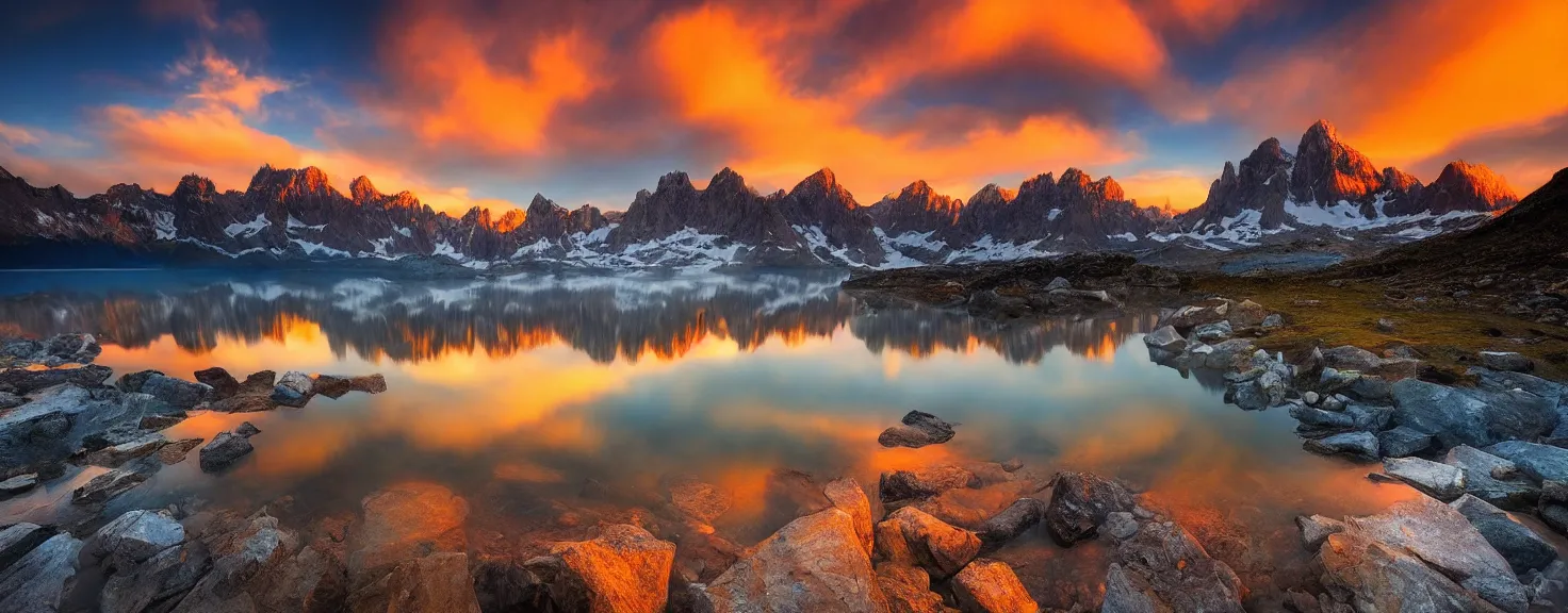 Image similar to amazing landscape photo of mountains with lake in sunset by marc adamus, beautiful dramatic lighting