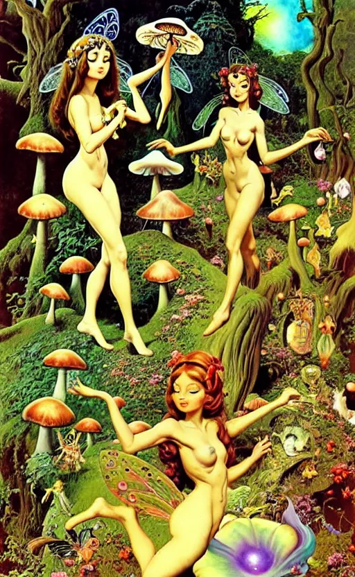 Image similar to fairies with detailed faces and true anatomy, enchanted forest, mushrooms on the ground, psychedelic, wide angle shot, white background, vector art, illustration by frank frazetta and salvador dali