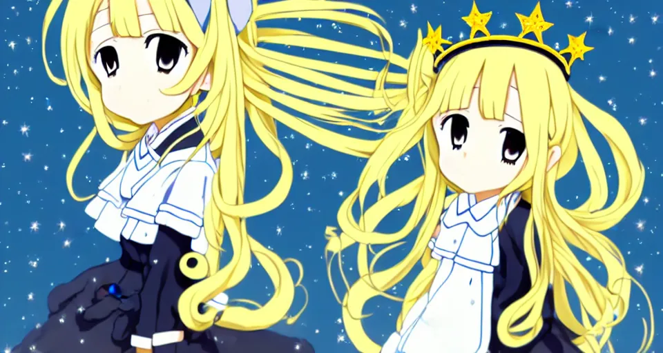 Prompt: picture of mugi from k - on, with crown!!! on top! of her head!, golden white dress, dark night background, pixel!! art