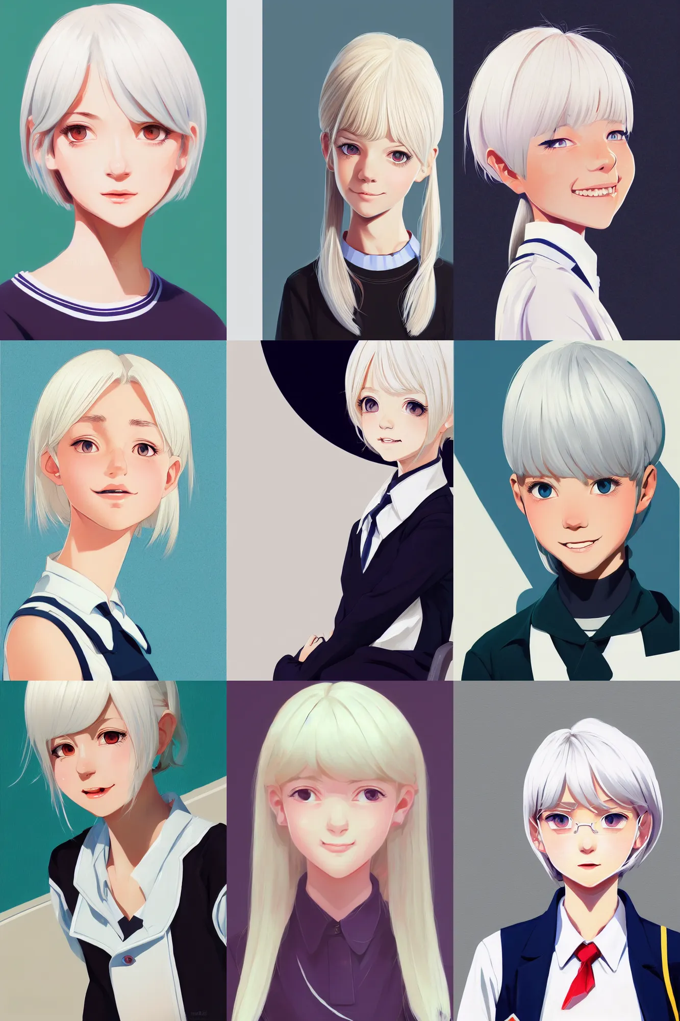 Image similar to a headshot of a very happy cute girl with shoulder - length white hair wearing school uniform, sharp focus, illustration, morandi color scheme, art station, high detailed, by ilya kuvshinov