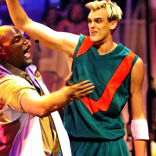 Image similar to the legendary hero aaron carter defeating shaq