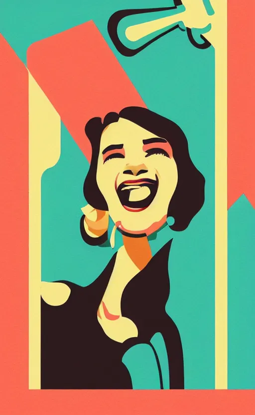 Prompt: illustration with a woman laughing out loud, art deco painting by tom whalen, funny meme photo, trending on behance, digital illustration, storybook illustration, grainy texture, flat shading, vector art, airbrush, pastel, watercolor, poster