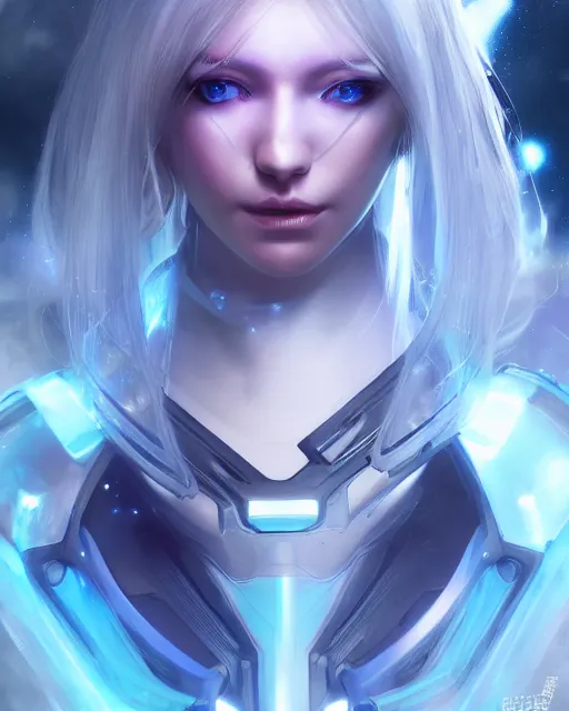 Image similar to perfect android girl on a mothership, warframe armor, beautiful face, scifi, futuristic, galaxy, nebula, raytracing, dreamy, long white hair, blue cyborg eyes, sharp focus, cinematic lighting, highly detailed, artstation, divine, by gauthier leblanc, kazuya takahashi, huifeng huang