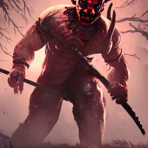 Image similar to a still of the oni from dead by daylight,digital art,detailed,realistic,art by greg rutkowski,concept art,video game character art