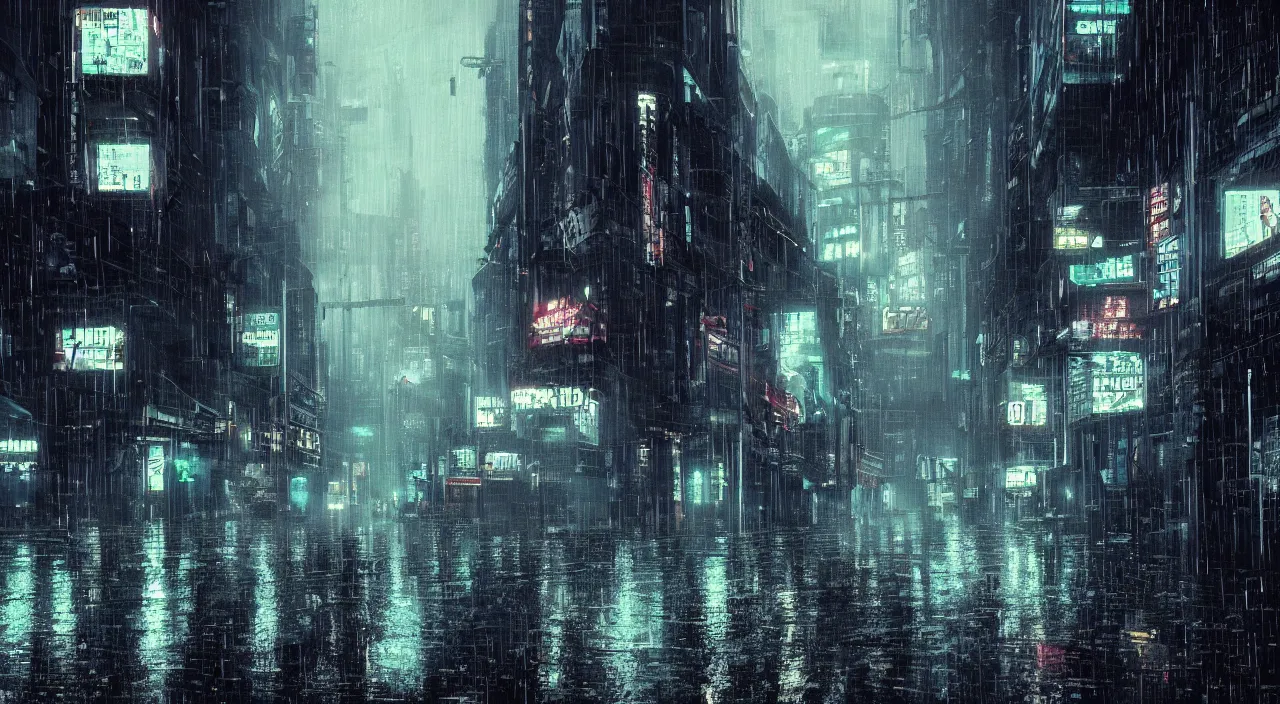 Prompt: A rainy city street in the style of cyberpunk noir, trending on artstation